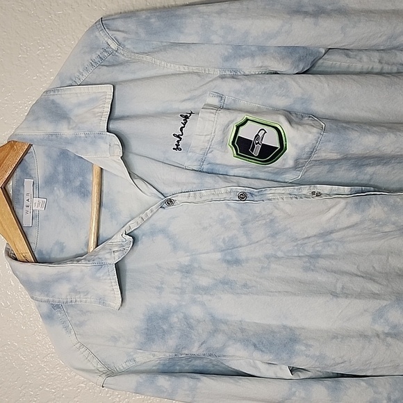 WEAR Seattle Seahawks Button Down Tie Dye Denim Long Sleeve Shirt - Picture 8 of 13